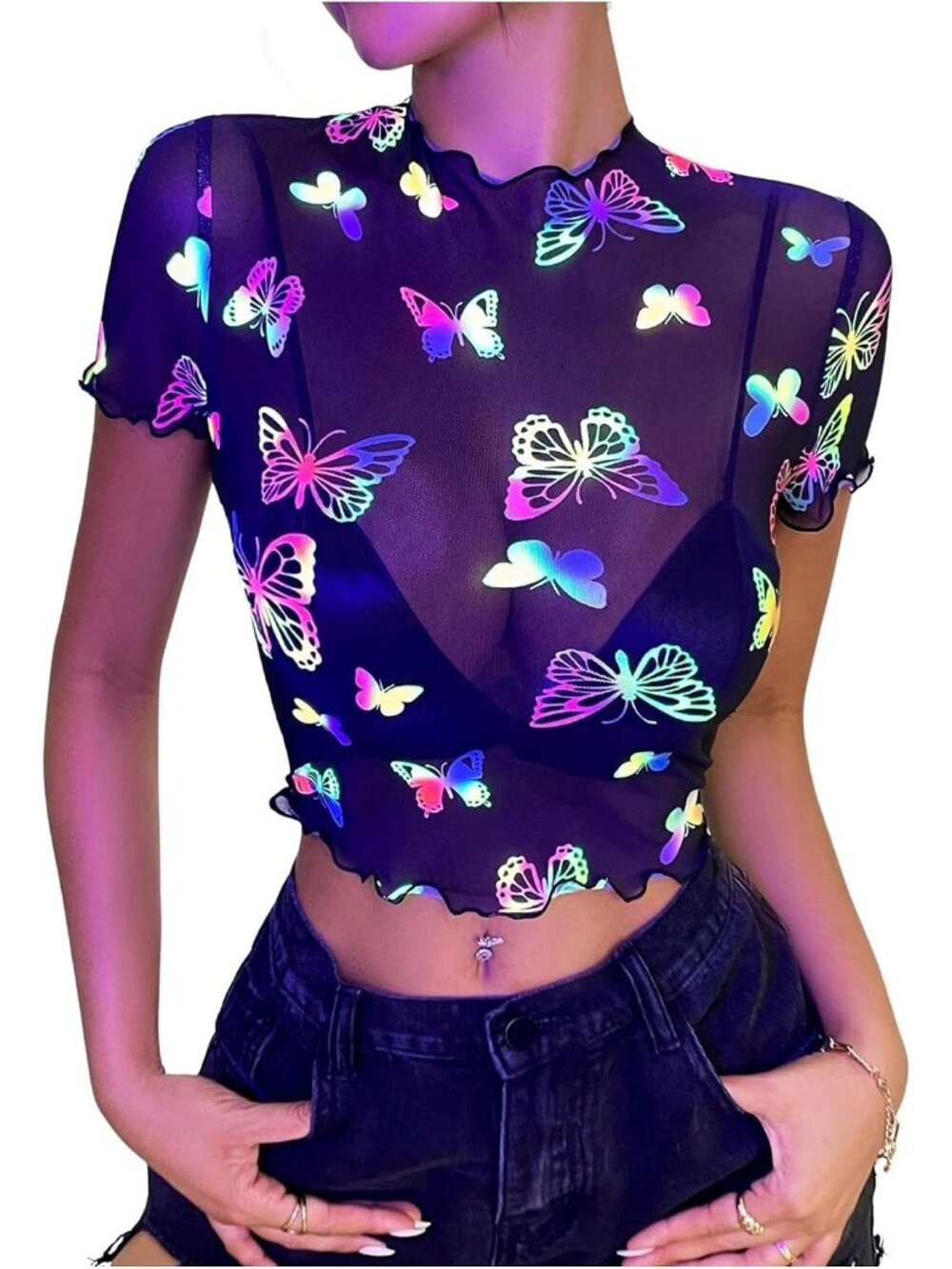 Women's Black Round Neck Short Sleeve Y2k Butterfly Tops Outfits Tees Shirts